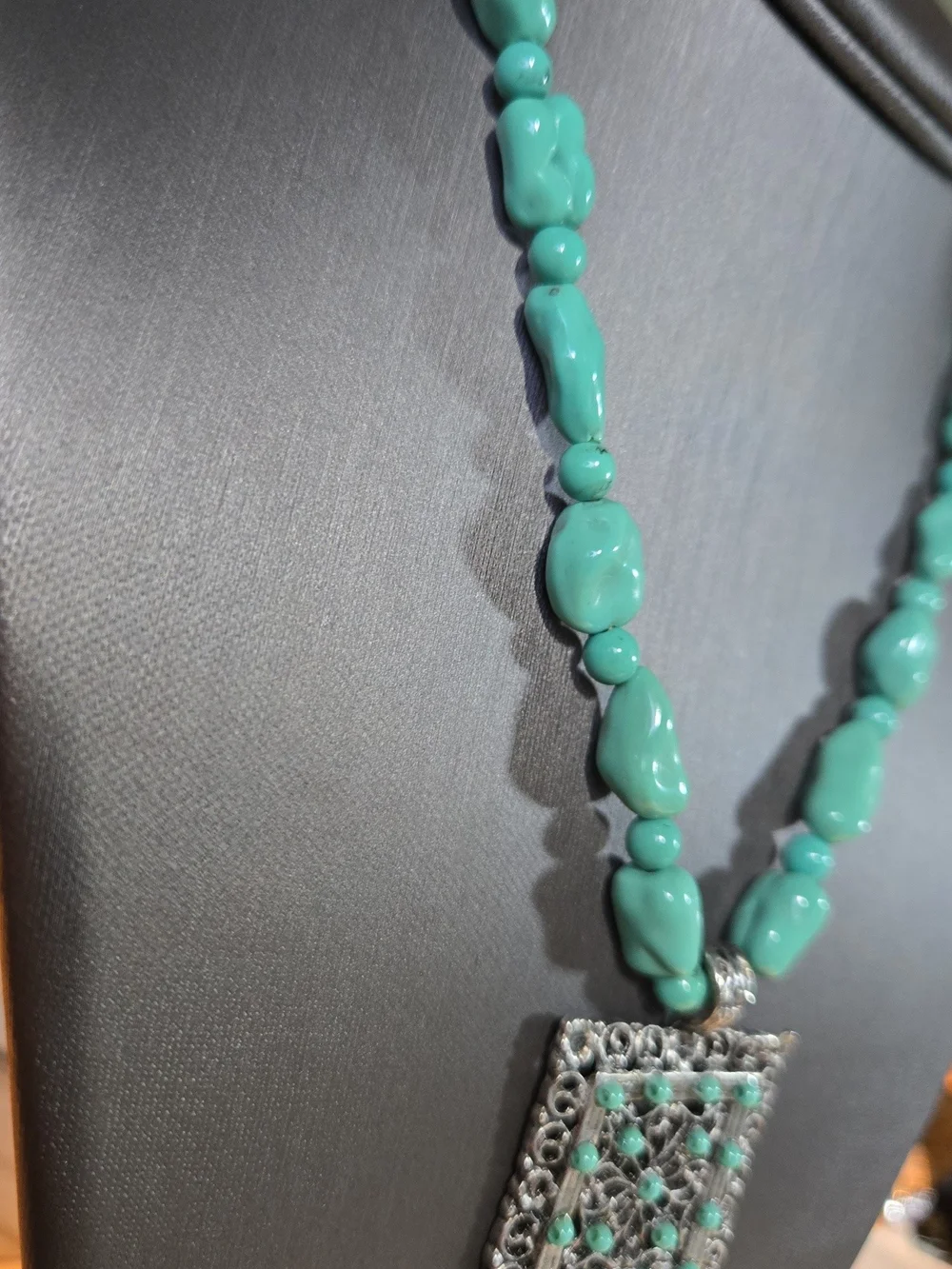 Turquoise Style Bead Necklace with Silver Filigree Pendant